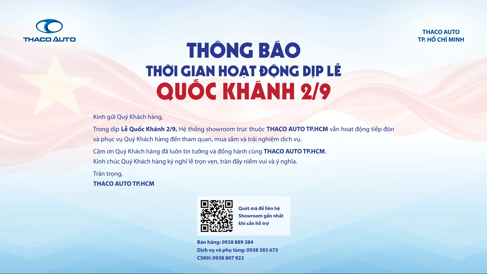 THACO AUTO TP.HCM THÔNG BÁO HOẠT ĐỘNG DỊP LỄ QUỐC KHÁNH 2/9